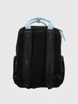 Mochila negra de nylon con detalles en celeste, marca Hush Puppies.