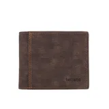 Billetera de cuero sintético color negro con costuras color naranja.