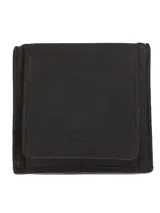 Billetera unisex de cuero marrón oscuro, con cierre de solapa y costuras a tono.