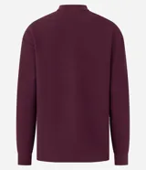 Sweater color borgoña de algodón con cuello redondo y mangas largas con ribete en los puños.
