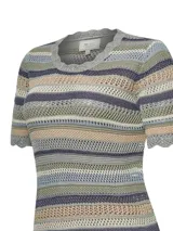 Remera de punto calado a rayas horizontales en tonos de gris, verde, azul y beige, con cuello redondo y mangas cortas con terminación ondulada.