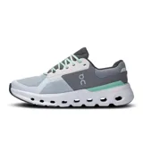 Championes de running On Cloudrunner 2, color gris, celeste y blanco, con cordones color verde agua.