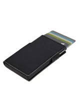 Billetera tarjetero Terrano R324 de cuero sintético negro, con capacidad para 5 a 7 tarjetas y mecanismo de acceso rápido.