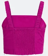 Blusa musculosa cropped color fucsia con bordado paisley, escote cuadrado y latex en la espalda.