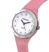 Reloj Mistral deportivo con correa de silicona rosa, caja plateada y esfera blanca con números. Resistente al agua 100M.
