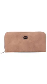 Billetera larga color beige con cierre alrededor, múltiples compartimentos para tarjetas y un bolsillo con cierre en el interior. Incluye monedero con cierre en la parte trasera.