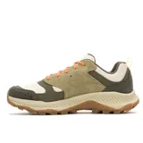 Zapatillas de senderismo Merrell Tempo Sol, con capellada de gamuza y malla transpirable en tonos beige, verde oliva y marrón. Cordones color naranja.