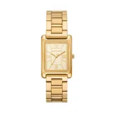 Reloj Michael Kors modelo Ritz con caja rectangular dorada y pulsera de eslabones de acero inoxidable en tono dorado. La esfera dorada presenta marcadores de hora en números romanos y el logo de la marca.