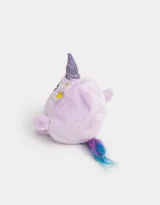Peluche de ballena con cuerno de unicornio, color lila, con relleno squishy y detalles bordados.