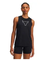 Musculosa deportiva negra de mujer, marca Under Armour, colección Project Rock. Presenta cuello redondo y logo de la marca estampado en el pecho.