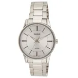 Reloj Casio plateado con caja de acero inoxidable y esfera plateada.