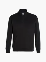 Buzo negro de felpa de algodón orgánico con cuello alto con cremallera, puños y bajo de canalé, bolsillo canguro y parche con logo en la manga.