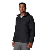 Campera Columbia con capucha, color verde oliva en la parte superior y gris claro en la parte inferior. Cuenta con cierre frontal, bolsillos laterales con cierre y logo de la marca en el pecho.