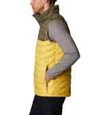 Chaleco Columbia Powder Lite para hombre, con tecnología Omni-Heat reflectante, aislamiento Thermarator, tela resistente al agua, ribete en cuello y puños, bolsillos con cierre y dobladillo ajustable. Diseño en dos tonos: verde oliva en la parte superior y amarillo en la parte inferior.