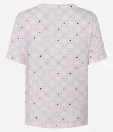 Blusa de pijama femenina de viscosa con cuello redondo, mangas cortas y estampado floral de cuadros en tonos rosados.