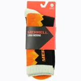 Calcetines negros con detalles en naranja y blanco, con el logo de Merrell en el lateral. Confeccionados con lana merino, nylon, acrílico, poliéster y spandex.