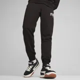 Pantalón de jogging chupín negro con logo Puma estampado en blanco en la pierna izquierda.