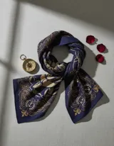 Pañuelo cuadrado color lila con estampado de una rosa rodeada de alambre de púas y paisley.