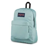 Mochila Jansport Superbreak Plus color celeste con logo rectangular de la marca en el frente.