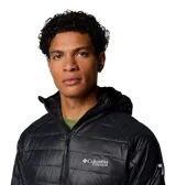 Campera negra con capucha, de corte entallado y largo hasta la cadera. Tiene cierre frontal completo, bolsillos laterales con cierre y puños elásticos. El logo de Columbia Titanium está estampado en el pecho.