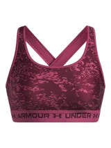 Top deportivo Under Armour con estampado floral en tonos rosa y amarillo sobre fondo negro. Cuenta con tirantes cruzados en la espalda y banda elástica con el logo de la marca en el contorno inferior.