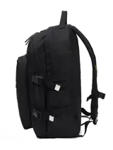 Mochila negra con dos compartimentos principales y un bolsillo frontal con cremallera. Presenta correas de compresión laterales con hebillas plásticas y correas ajustables para los hombros con acolchado Airmesh. Incluye un bolsillo interior acolchado para laptop y un asa superior. El logo CAT está centrado en el bolsillo frontal.