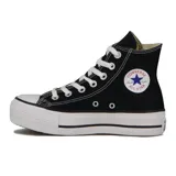 Championes Converse Chuck Taylor All Star de caña alta, color negro, con plataforma blanca y cordones blancos.