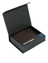 Billetera de cuero marrón con costuras en color beige.