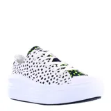 Championes urbanos Converse All Star Ctas Move OX, color blanco con estampado de lunares negros, plataforma blanca y detalles en verde neón.
