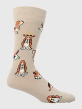Calcetines largos color beige con diseño de perros de raza Basset Hound en diferentes poses. Algunos perros llevan sombreros de vaquero.