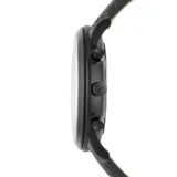 Reloj Fossil Neutra para hombre, con caja redonda de acero inoxidable color negro, esfera negra con números romanos en la posición de las 12 y las 6, agujas plateadas luminiscentes, tres subesferas, indicador de fecha y correa de cuero negro.