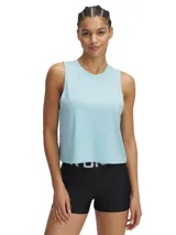 Musculosa deportiva Under Armour Vanish Energy Crop, color celeste, de corte holgado y largo crop.