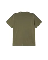 Remera verde militar de manga corta con cuello redondo y logo 'obey' bordado en blanco en el pecho.