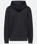 Campera de algodón gris oscuro jaspeado, con cierre frontal de cremallera, capucha con cordones trenzados y bolsillo canguro.