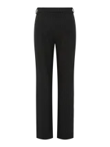 Pantalón negro de vestir con rayas verticales plateadas, corte suelto, cintura alta y cierre de botón.