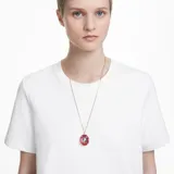 Colgante con cadena dorada y dije octogonal con piedra rosa y piedra verde en forma de pera superpuesta.