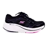 Championes deportivos Skechers Max Cushioning Elite 2.0, color negro con detalles en gris y fucsia. Confeccionados en malla transpirable y material sintético, con cordones, plantilla Air-Cooled Goga Mat y entresuela Ultra Go para máxima amortiguación.