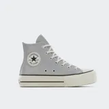 Championes Converse Chuck Taylor All Star Lift Platform color gris, de caña alta y plataforma blanca con línea negra.