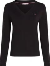 Sweater de punto negro de algodón orgánico, con cuello en V, puños y bajo de punto canalé. Incluye logo de Tommy Hilfiger bordado en el pecho.