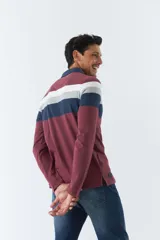 Remera cuello polo de manga larga con diseño a rayas horizontales en tonos borgoña, azul marino, gris y blanco. Logo estampado en el pecho. Corte regular.