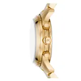 Reloj Michael Kors modelo Runway, color dorado, con caja redonda de 38mm, cronógrafo, función de fecha, cristal mineral y pulsera de acero con cierre desplegable. Resistente al agua hasta 100 metros.