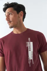 Remera gris de algodón con cuello redondo y manga corta. Estampado vertical con la leyenda "NOT DEFINED" en el frente.