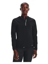 Campera deportiva Under Armour Outrun The Storm para mujer, color negro, con capucha y cierre frontal completo.