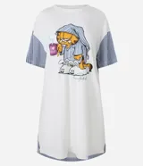 Camisón corto de viscosa con estampado de Garfield en pijama y mangas rayadas.