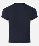 Blusa blanca de poliamida con cuello redondo y mangas cortas.