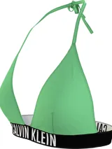 Top de bikini verde con tirantes finos y banda inferior elástica negra con el logo de Calvin Klein en blanco.