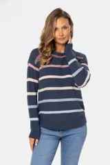 Buzo de tejido fino color blanco con rayas horizontales de colores pastel, confeccionado en algodón.