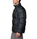 Campera puffer negra con cierre frontal y cuello alto. Logo de Columbia bordado en blanco en el pecho.