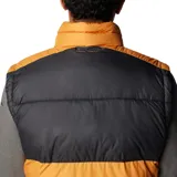 Chaleco acolchado Columbia Pike Lake II para hombre, color naranja y negro, con cierre frontal, cuello alto y bolsillos laterales con cierre.