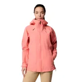 Campera impermeable Columbia Northwest Explorer 3 para mujer, color salmón. Cuenta con capucha fija ajustable, cierre frontal con cremallera, bolsillos laterales con cremallera, puños ajustables y dobladillo ajustable con cordón.